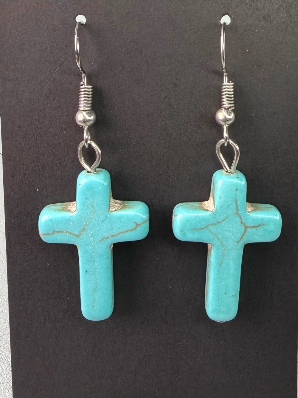 Turquoise Cross Drop Earrings with Silver Hooks - Women Jewelry